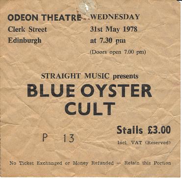 Ticket stub from the Blue Oyster Cult tour